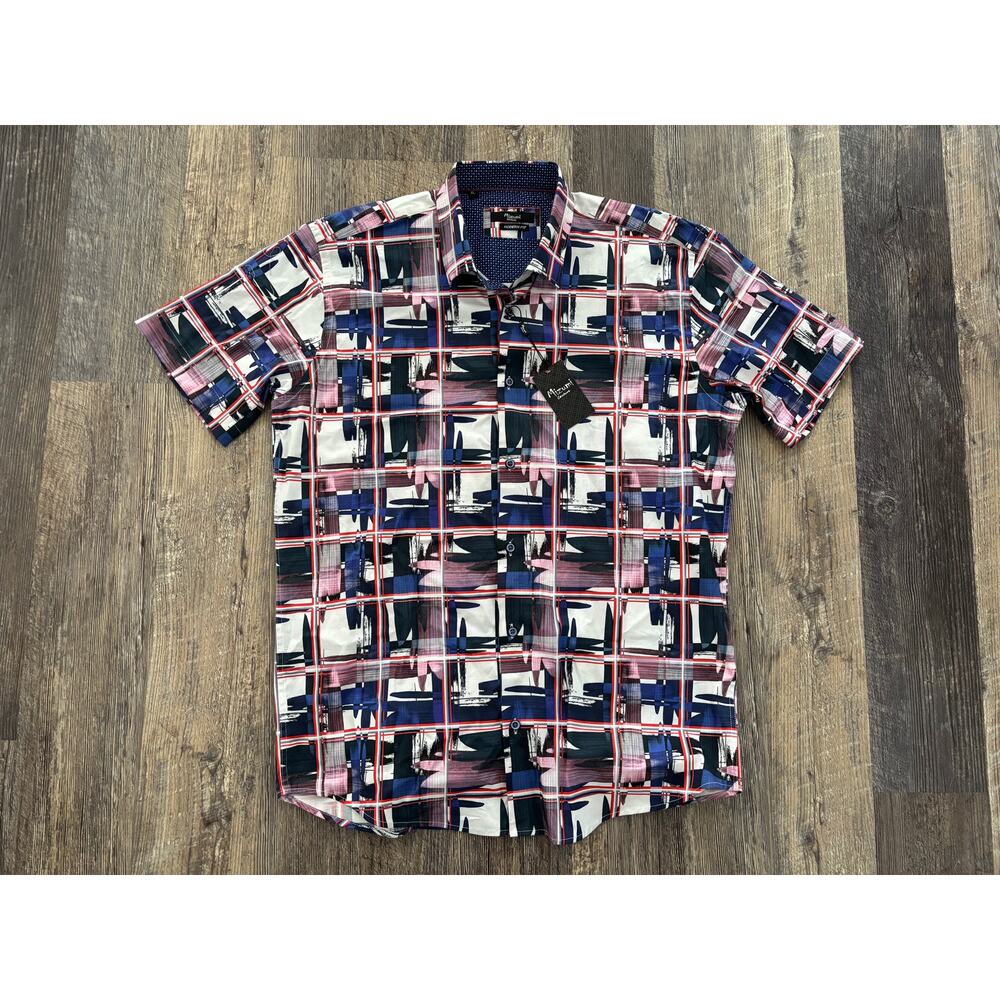 Mizumi Couture Mens XL Modern Fit Abstract Geometric Short Sleeve Button Shirt